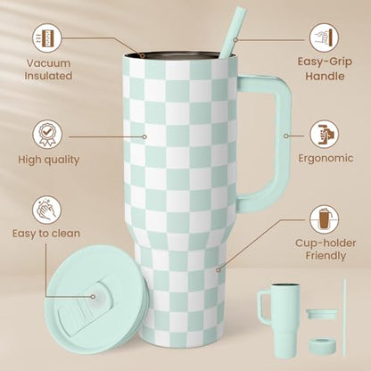 Checkered Tumbler with Handle 40oz, Mint Checker Cup Stainless Steel Insulated Tumblers Coffee Travel Mug Cups with Straw, Gifts for Women Girls Teen Birthday Christmas - color: Checker