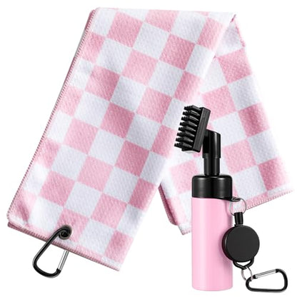 Liliful Pink and White Checkered Golf Towel Pink Cleaner Water Brush Set, Microfiber Waffle Towel Golf Accessories Kit Club Supplies for Birthday Valentine's Day Women Ladies Gifts