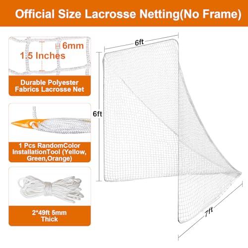 3.5/4/5/6mm 6x6x7’ Lacrosse Net Replacement with 1x Random Color Install Aid,2X49'Lacing Ropes of Lacrosse Goal Net Lacrosse Net for Lacrosse Training, Competition of Grass, Playground