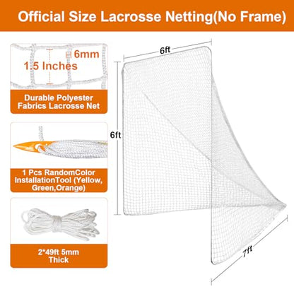 3.5/4/5/6mm 6x6x7’ Lacrosse Net Replacement with 1x Random Color Install Aid,2X49'Lacing Ropes of Lacrosse Goal Net Lacrosse Net for Lacrosse Training, Competition of Grass, Playground