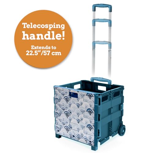 Inspired Living Ultra-Slim Rolling Collapsible Storage Pack-N-Roll Utility-carts, with Telescopic Handle, for Home, Garden, Shopping, Office, School use, Large, Blue, Wave Print