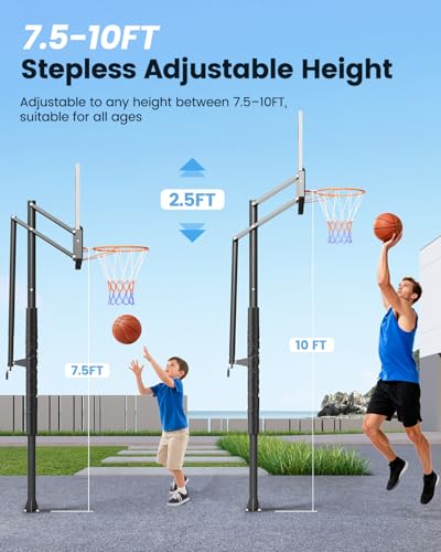 Yohood In Ground Basketball Hoop Outdoor 10FT Adjustable Height with Crank, in-Gound Basketball Goal System with 50 Inch Shatterproof PC Backborad and Solid Steel Rim