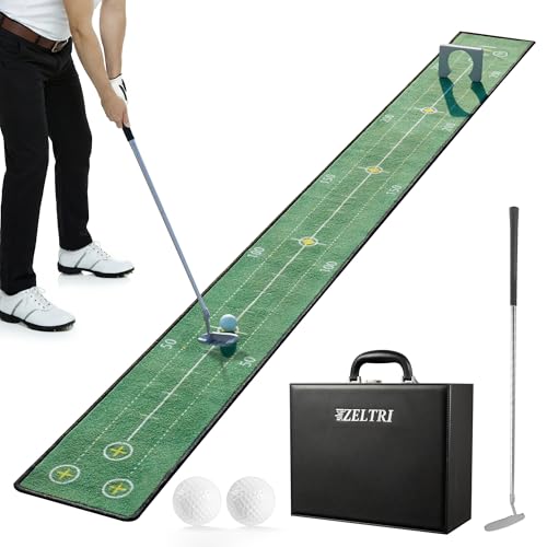 Putting Game,Golf Putting Mat with Three-Track,Indoor Green Putting Game Set, Anti-Slip Backing Golf Putting Green Include 1 Club, 2 Balls, 1 Gate, 1 Portable Storage Box for Indoor/Outdoor