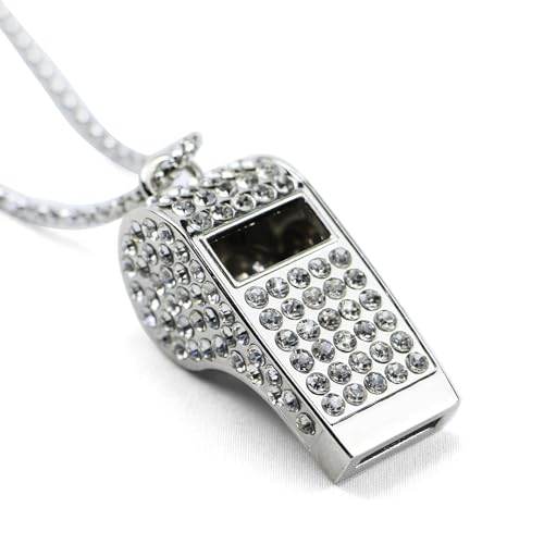 Metal Rhinestone Lanyard Whistle Bling Crystal Loud Sound with Chain Whistle for Coaches, Referee, Teachers, Police, Lifeguard, Emergency, Sports, Adults (Silver)