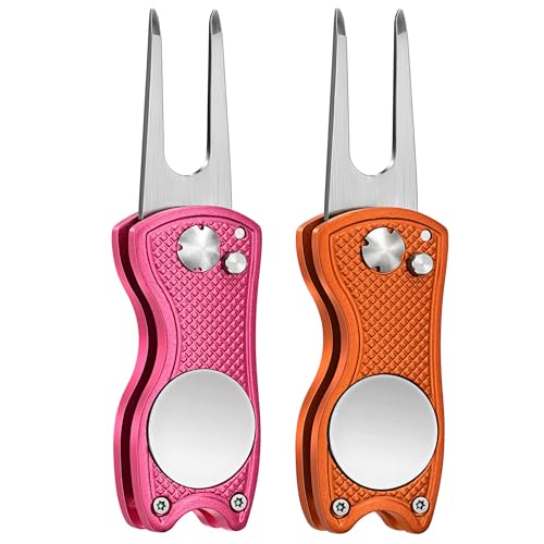 Mile High Life Golf Divot Repair Tool, All Metal Foldable Divot Tool with Pop-up Button & Magnetic Ball Marker, 2-6 Pack - color: 2 Pack (Pink/Orange)