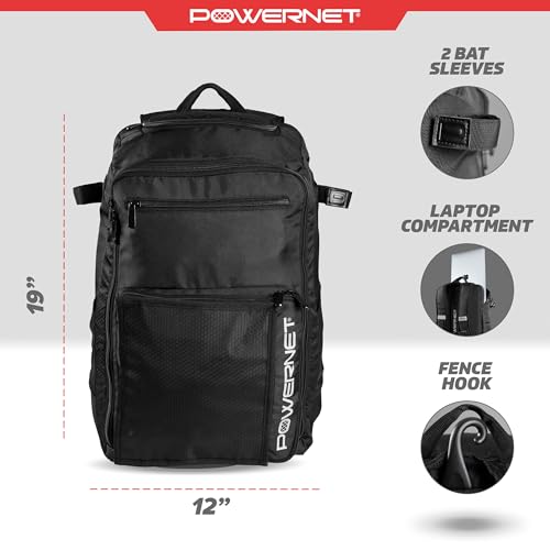 PowerNet Coach's Baseball Backpack, Softball & Baseball Bag for Coaching Gear with Laptop Sleeve and Zippered Pockets, Coach Bat Bag with Chain-Link Fence Hook and Luggage Strap