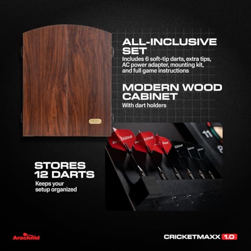 Arachnid CricketMaxx 1.0: 13.5” recreation size with wood cabinet. Features 34 games, 183 variations, 8-player LED X/O scoring, and Heckler mode. Integrated storage for darts and accessories