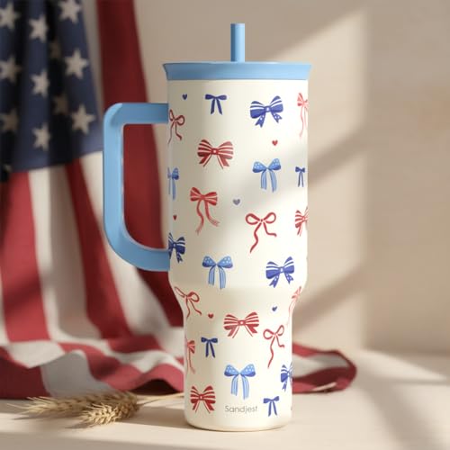 SANDJEST American Flag 40oz Tumbler with Handle and Straw, Insulated Stainless Steel Travel Coffee Mug for Women Girls, Gift Idea for Birthday Christmas 4th of July (Bow) - color: American Flag 1