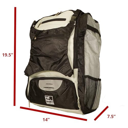 Baseball Backpack with Cleat Pocket | Large Capacity | 19.5" T x 14" W x 7.5" D | Holds 4 Bats | External Helmet Storage - color: Black / Gray