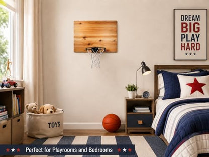 Elite Mini Basketball Hoop & Ball Set, Wall Mount, Indoor Made in the USA Cedar Backboard. Includes 9” Hoop, Net, Pump & 5 Mini Basketballs. - color: Natural/Black Rim