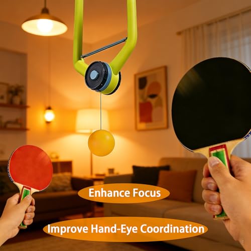 Hanging Ping Pong Tennis Trainer, Ping Pong Hanging from Doorway Adjustable Over-The-Door Table Tennis Kit with Wooden Paddles and Balls, Portable Daily Exercise Set