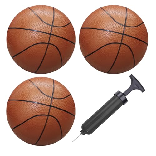 ABAJI Mini 3 Pack 5 inch Toy Basketballs Ball Pump Needle Rubber Material Mini Hoop Toddlers Kids Teenagers Swimming Pool Indoors Outdoors - color: 3 Brown Basketballs