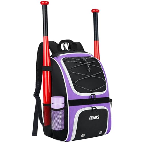 Youth Baseball Bag - Baseball Backpack Bat & Glove Holder, T-Ball & Softball Equipment & Gear,Large Main Compartment for Helmet & accessories, Fence Hook，Insulation Pocket - color: purple