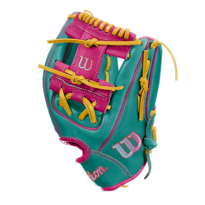 Wilson A2000 1786 Baseball Glove, Right Hand Throw, Infield Series - Exclusive Edition - color: Teal/Flaming Pink/Yellow