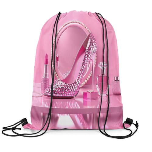 Castle Fairy Pink High Heel Drawstring Gym Bag,Rose Lipstick Foldable Waterproof Drawstring Backpack,Valentine'S Day Draw String Back Bags for Shopping,Swimming,Beach,Pink Rose - color: Pink Rose