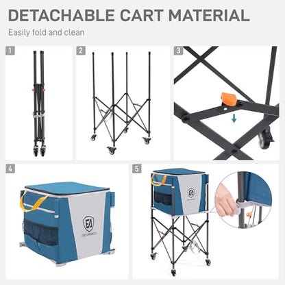 EVER ADVANCED 150 Tennis Capacity Ball Hopper Rolling Ball Cart with Side Pockets, 16.2 x 16.2in Folding Pickleball Basket with Wheels, Sports Equipment Organizer for Baseball Training/Practice, Blue