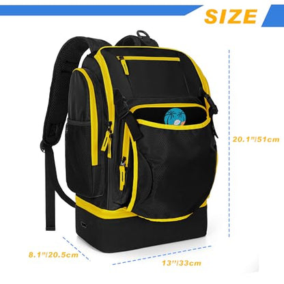 Volleyball Bag with External Ball Holder, Volleyball Backpack with Separate Shoe Space, Multiple Pockets and Adjustable Shoulder Strap for Soccer, Basketball and Gym Exercise - color: Black/Yellow