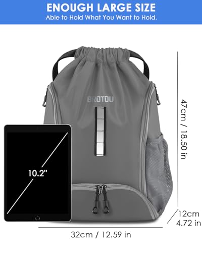 BROTOU Soccer Drawstring Backpack, Basketball Bag, Volleyball Football Bags with Ball and Shoe Compartment - color: Gray
