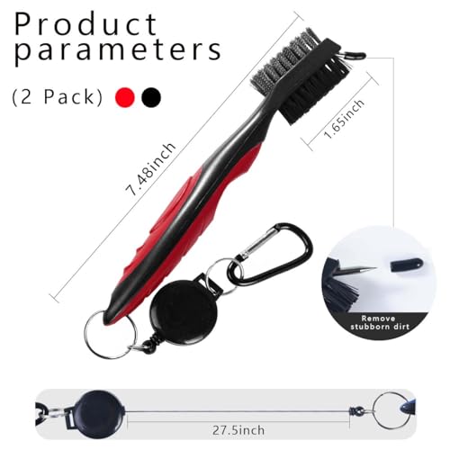 OBTANIM 2 Pack Golf Club Brush Groove Cleaner Tools with Retractable Zip-line Aluminum Carabiner for Golf Club Bag Accessories - color: Red and Black