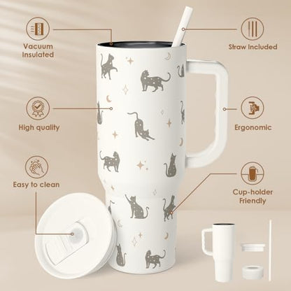 Gift for Cat Lovers Cat Mom – 40oz Stainless Steel Tumbler with Handle and Straw - Travel Coffee Mug for Women, Gift for Birthday, Christmas - color: Cat