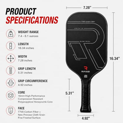 Pickleball Paddle, T700 Carbon Fiber Paddle with Textured Matte Surface, 16mm Polypropylene Honeycomb Core, Thermoformed for Spin & Control