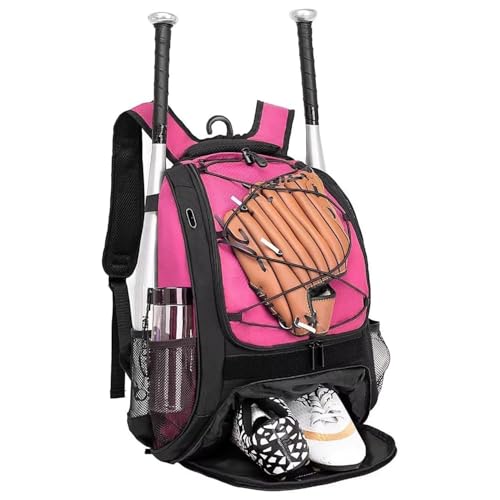 DAFISKY Baseball Bag Softball Backpack - Youth Adult T Ball Bat Equipment Bag with Bat Helmet Holders, Shoe Compartment - color: Pink