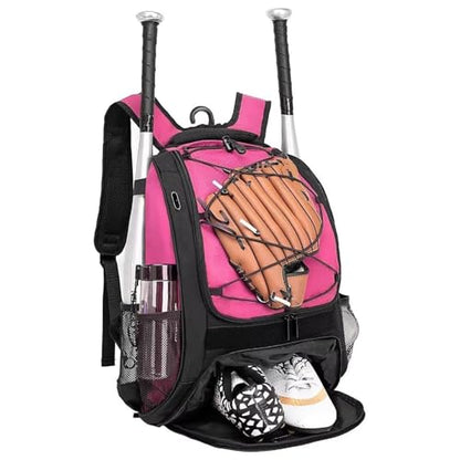 DAFISKY Baseball Bag Softball Backpack - Youth Adult T Ball Bat Equipment Bag with Bat Helmet Holders, Shoe Compartment - color: Pink