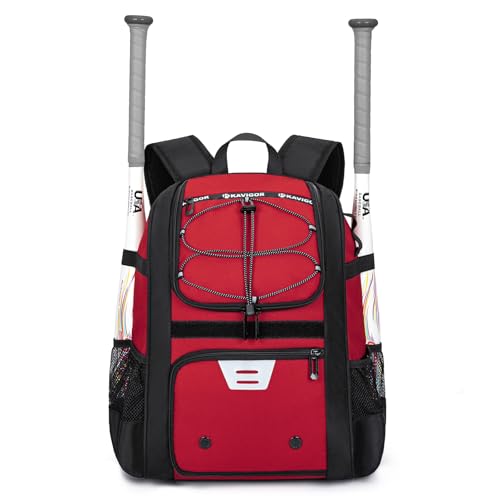 KAVIGOR Youth Baseball Bag, Softball Bag for Girls & Boys, Kids Tball Backpack with Shoes Compartment - color: Red