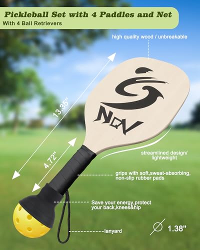 NQV Pickleball Set with Net-10FT Half Court Size Pickleball Net+Wood Pickleball Paddles+Pickle Balls+Ball Retrievers+Pickleball Court Marking Kit, Portable Driveway Outdoor Indoor for Beginners Pros - style: 4-player set