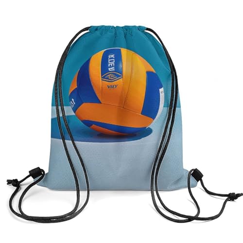 Blue Volleyball Drawstring Backpack Foldable Gym Sackpack for Basketball Soccer Swim Yoga Sport Gear Beach