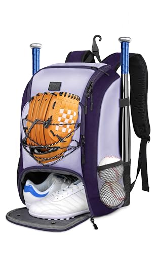 MATEIN Baseball Backpack, Softball Bat Bag with Shoes Compartment for Youth, Boys and Adult, Lightweight Baseball Bag with Fence Hook Hold TBall Bat, Batting Mitten, Helmet, Caps, Teeball Gear - color: Purple, size: 29L