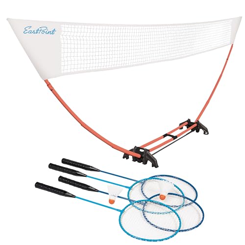 EastPoint Easy Setup Badminton Set - 15 ft Net, 4 Rackets, 2 Shuttlecocks - Quick Setup Net for Backyard Games - Steel Shaft Badminton Rackets for Family Games - Durable Shuttlecocks for Outdoors - color: White/Orange