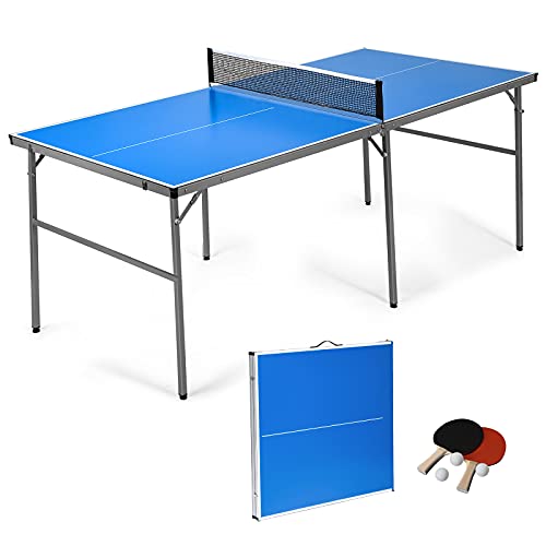 GYMAX Folding Table Tennis Table Set, Complete Ping Pong Table Combo with Removable Net, 2 Paddles & 3 Balls, Potable Table Tennis Kit for Family Kids Game