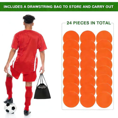 Poly Spots 4" or 9" Flat Cones Spot Markers for Gym/PE Training, Dance, 12/18/24 Pcs Non-Slip Rubber Floor Dots Flat Disc Markers for Soccer Basketball Sports Agility Drills, Classroom Activities - style: Orange 24 Pcs 4inch