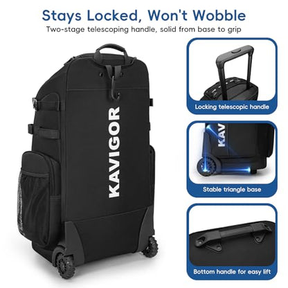 KAVIGOR 80L Rolling Baseball & Softball Bag for Youth & Adult, Holds 3 Gloves & 4 Bats, Custom Team Panel, Travel Ball Ready - color: Black
