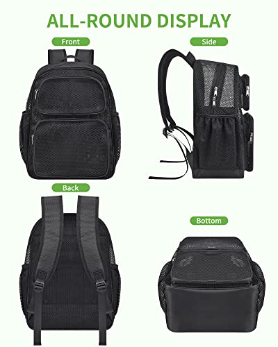 MAY TREE Mesh Backpack Heavy Duty Big Mesh Bag Large Capacity for Travel Beach Hiking Outdoor Sports with Paded Strap, Black - color: Black