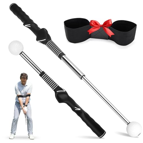 Montela Retractable Golf Swing Trainer, Right-Handed Training Aid with Grip Trainer and Arm Band for Swing Tempo & Chipping, Indoor Outdoor Practice for Beginners