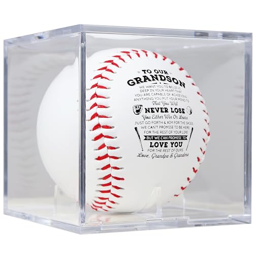 SYNGUCK Baseball Gift for Grandson-Clear Acrylic Display Case-Heartfelt Grandparents to Grandson Baseball with Inspirational Message - Perfect Birthday, Graduation Gift - style: Love,grandpa&grandma