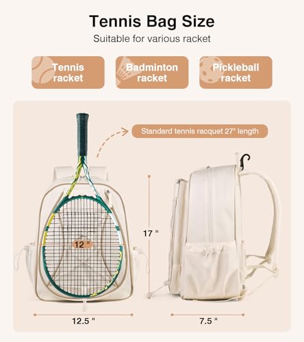 Marvolia Tennis Bags for Women Men, Tennis Backpack Holds 2 Rackets with Ventilated Shoe Compartment & Wet Pocket, Tennis Racket Bag Backpack for Pickleball Tennis Badminton - color: White