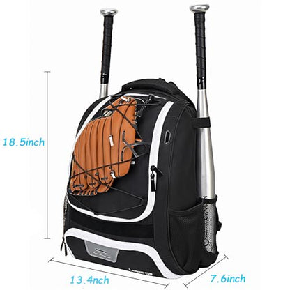 LARIPOP Youth Baseball Bag, Bat Backpack with Fence Hook & Separate Shoe Compartment, Waterproof Equipment Bag for Baseball, T-Ball & Softball - color: Black White