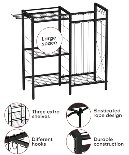 3 Tiers Dumbbells Yoga Mat Storage Rack with Elastic Straps for Kettlebells Foam Roller Resistance Bands Balls, Workout Equipment Organizer Weight Storage Holder with Hooks for Home Gym