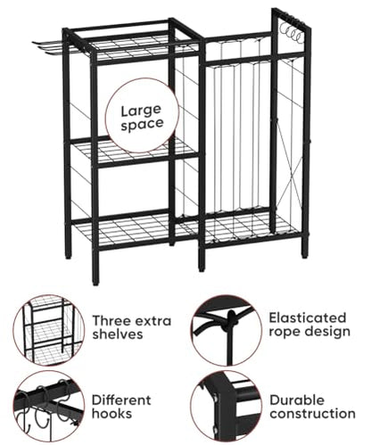 3 Tiers Dumbbells Yoga Mat Storage Rack with Elastic Straps for Kettlebells Foam Roller Resistance Bands Balls, Workout Equipment Organizer Weight Storage Holder with Hooks for Home Gym