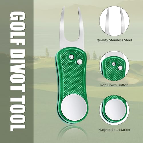 Mile High Life Golf Divot Repair Tool, All Metal Foldable Divot Tool with Pop-up Button & Magnetic Ball Marker - color: Green Undulate