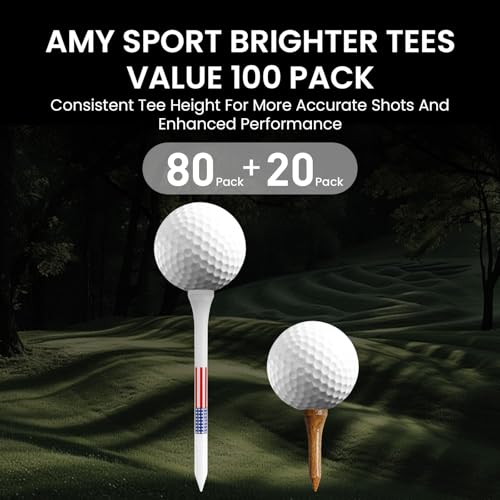 Amy Sport Golf Tees Western Birch Wood Value 100 Pack, 80 Tee 2 3/4 or 3 1/4 Inch with 20 Short 1 1/2 Inch Driving Range Tees, 5X More Durable 5X Stronger & Less Friction Tees