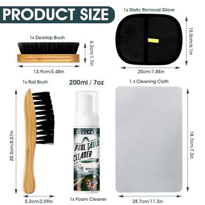 Foam Billiard Tables Cleaner Spray with 2 Pool Table Brushes, 1 Static Gloves, 1 Cloth - Essential Pool Table Cleaning Kit & Billiards Pool Table Accessories Kit for Billiards Players