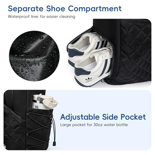 Pickleball Tote Bag for Women with Fence Hook, Quilted Pickleball Bag Holds 3-4 Paddles with Shoe Compartment & Wet Pocket - color: Black