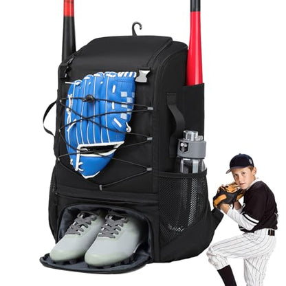 Baseball Bag - Baseball Backpack with Fence Hook, Youth Bat Holder | Softball Bag with Compartments for Batting Helmet, Tee Ball Glove, Boys and Adult Baseball Field Gear