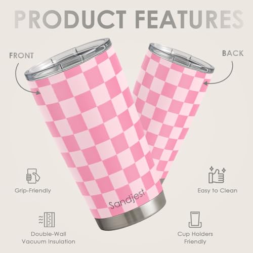 SANDJEST Checkered Tumbler 20oz Stainless Steel Insulated, Checker Travel Coffee Cup, Bow Gifts for Women Girls Teen, Birthday Christmas (Pink) - color: Checker (Pink)