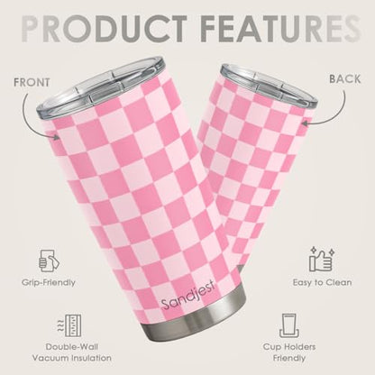 SANDJEST Checkered Tumbler 20oz Stainless Steel Insulated, Checker Travel Coffee Cup, Bow Gifts for Women Girls Teen, Birthday Christmas (Pink) - color: Checker (Pink)