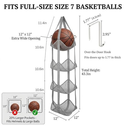 4-Tier Over the Door & Wall Mountable Sports Ball Organizer - Hanging Mesh Rack for Basketball, Helmets, Sneakers & Toys - 12" Extra Wide Pocket Storage for Garage, Nursery & Kids Room, Grey